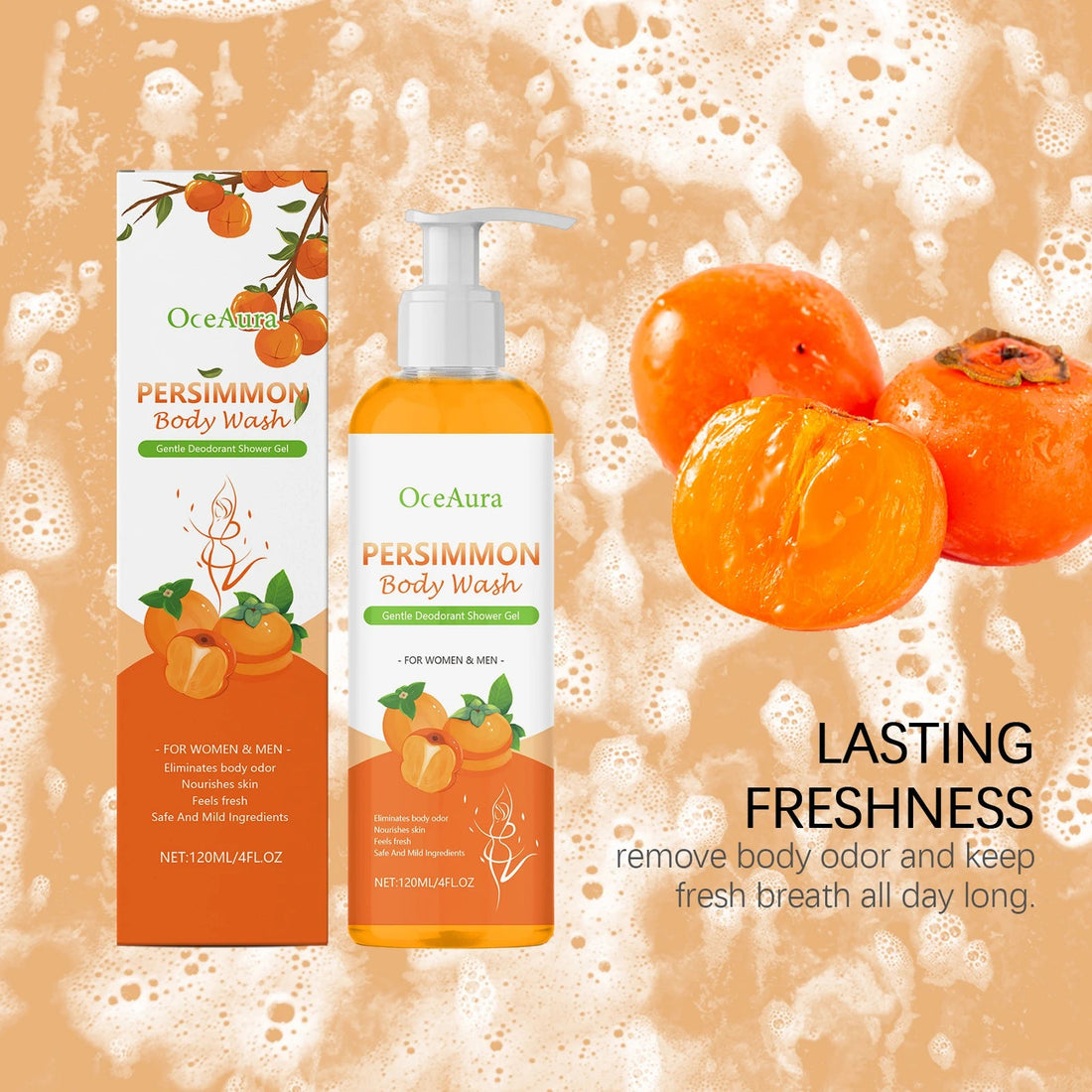 Persimmon Body Wash for Body Odor Control & Deep Clean - Deodorizing, Exfoliating, Moisturizing Shower Gel, Repairs Skin Barrier Halalzen