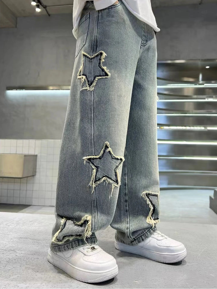 Teenage Five-Pointed Star Straight-Leg Washed Denim Jeans - Handsome, Versatile, Casual Wide-Leg Pants