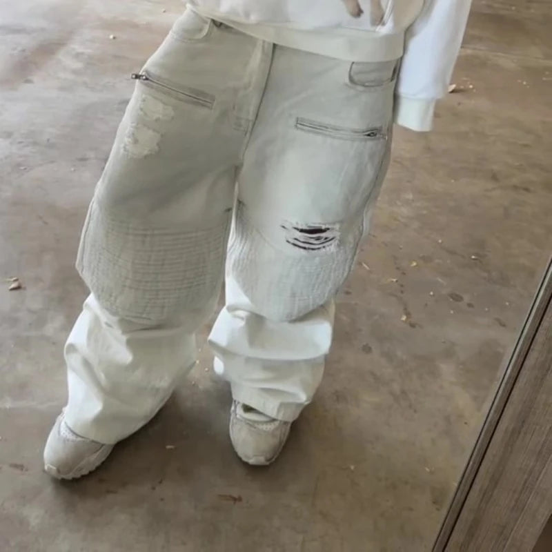 Y2K Retro Biker Denim Pants Zipper Pocket Distressed Holes Ruched Jeans New Trendy High Street Streetwear Unisex Baggy Trousers