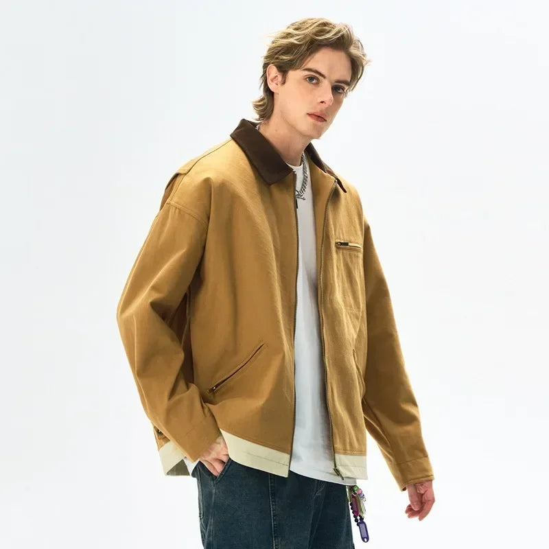Men's Retro Canvas Detroit Hunting Jacket Heavyweight Pocket Cotton Work Jackets Lapel Collar Zipper Coats for Men Spring Fall