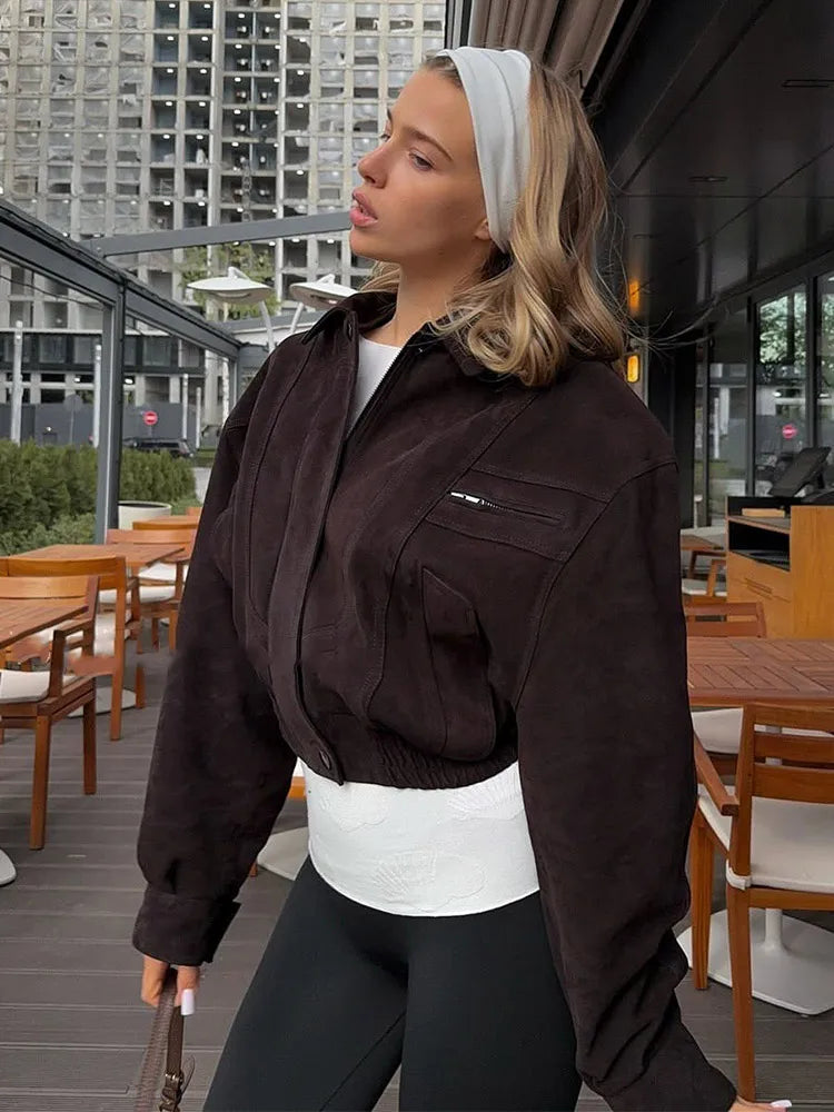 Women Camel Cropped Suede Jacket Elegant Lapel Full Sleeve Pocket Zipper Short Coat New Causal Autumn Lady Daily Streetwear 2025