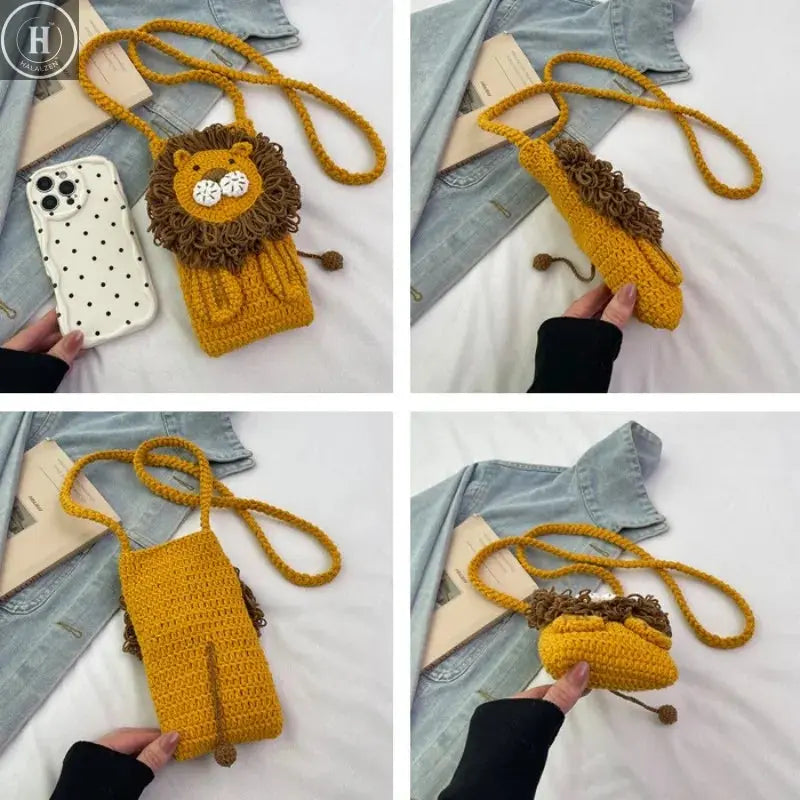 Crochet Shoulder Bag Creative Mobile Phone Bag Lion Knitted Handbag Adorable Cartoon Wool Knitting Bag For Young Women Casual HALALZEN