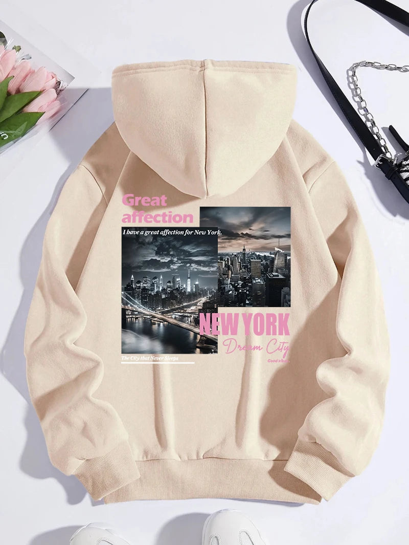 New York Dream City Printed Hoodies Casual Fashion Women Pullover Fleece Warm Pocket Sweatshirt Sporty Oversize Street Clothes
