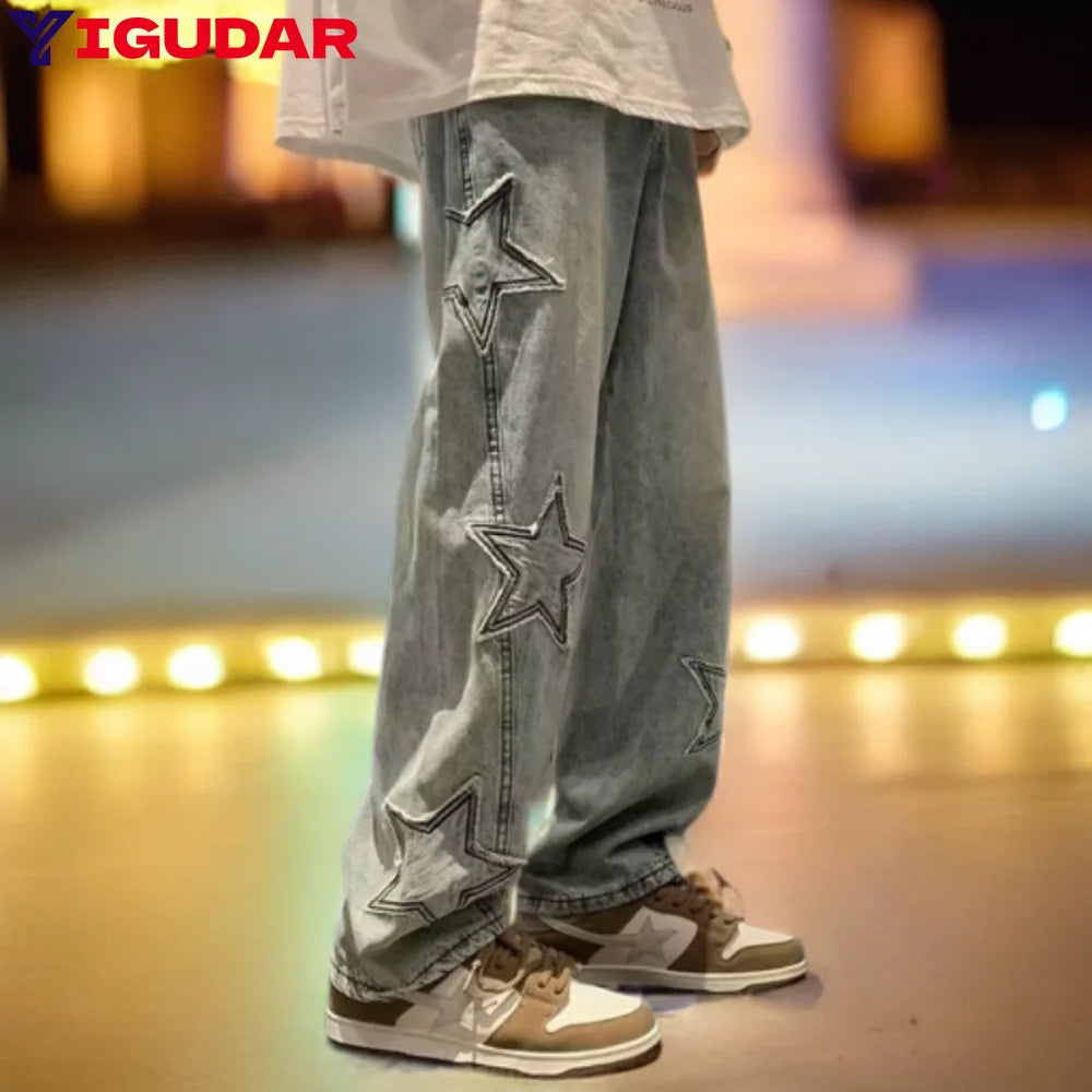 Star Embroidery Straight Casual Men Jeans Neutral Wide Leg Loose Hip-hop Fashion Youth Streetwear Denim Trousers Y2K pants men