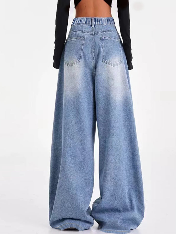 Vintage-washed blue American-style wide-leg straight-leg jeans for tween/teen girls – loose-fit, high-street casual long-length