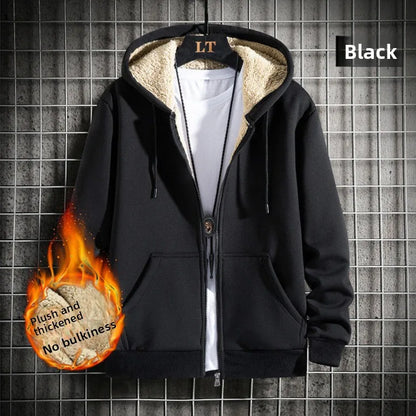 2025 Plush Lined Hoodie Men - Winter Thickened Zip Up Sweatshirt Youth Drop Shoulder Outerwear S-5XL College Style