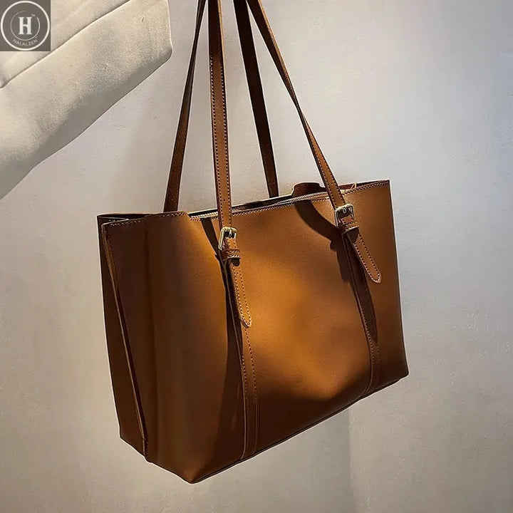 High Capacity PU Tote Bag 2023 New Women's Vintage Zipper Magnetic Snap Shoulder Bags Fashion Versatile Commuter Class Handbag HALALZEN