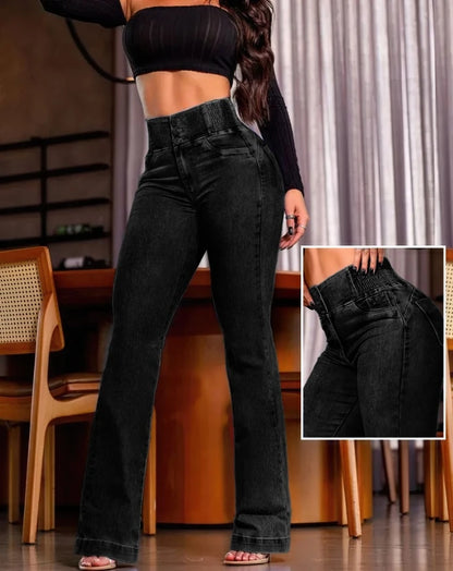 Fashionable Women's New Jeans Back Shirred Button Front High Waist Jeans Temperament Commuting Casual Comfortable Jeans