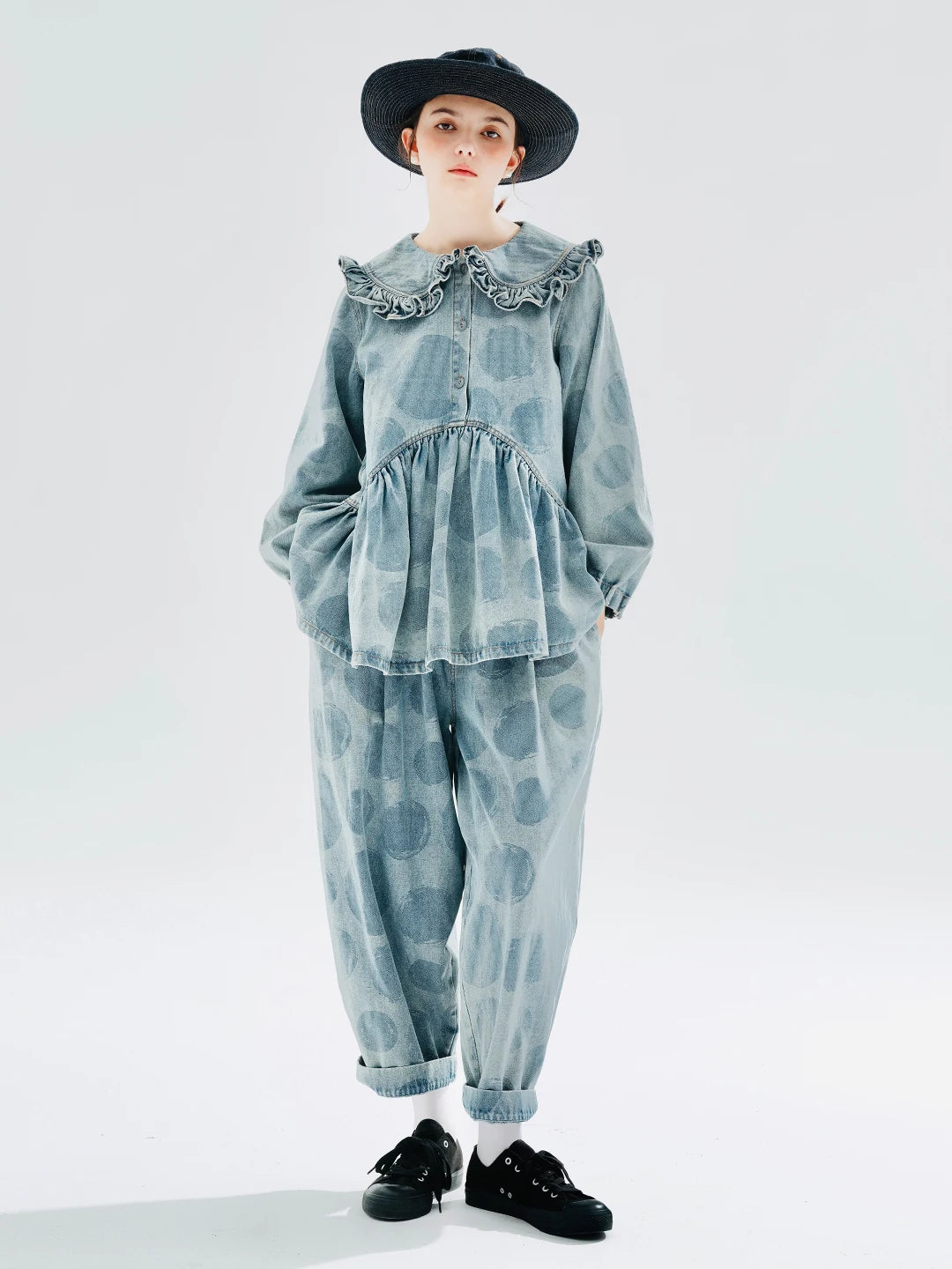 imakokoni 2023 Autumn Original design Pure cotton printed denim radish pants loose jeans for women 234201