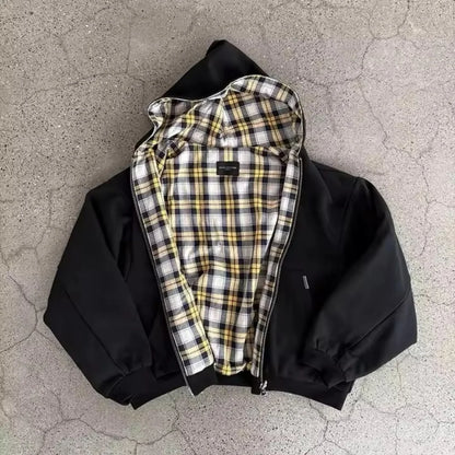 Grey Casual Spring Oversized Reversible Hoodies Women Men Streetwear Clothes Hoodie With Plaid Lining Sweatshirt Streetwear Tops