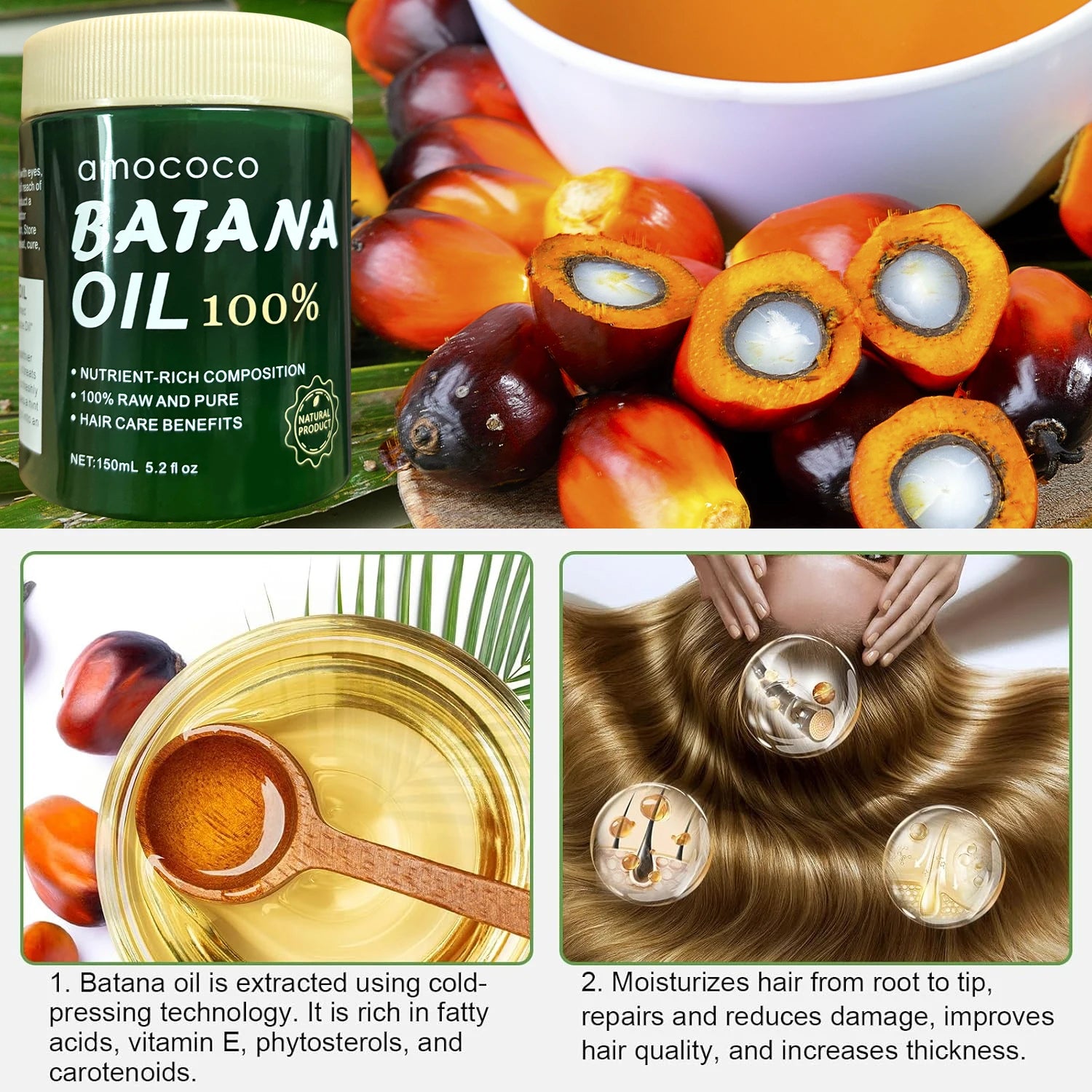 Amococo 2pcs Batana Oil 100% 150ml Each Pure Natural Hair Oil Treatment Nourishing Moisturizing Repair Care for Dry Damaged Hair Strengthening Conditioner for Women Men