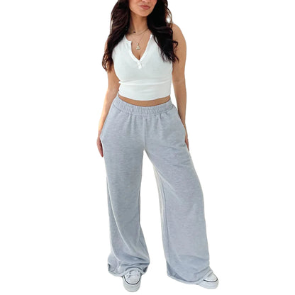 Women s High Waist Wide-Leg Pants in Solid Color Elastic Waistband Loose Fit Casual Fall Sweatpants with Straight Bottoms