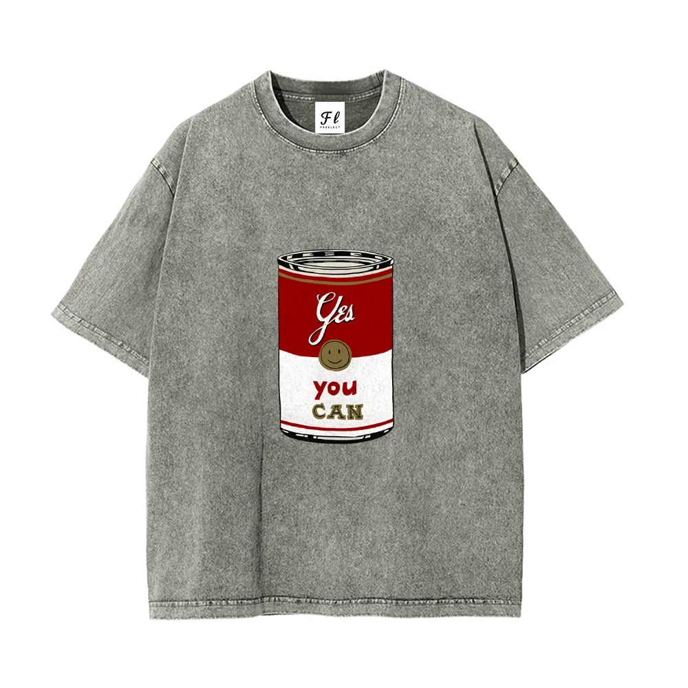 Motivate Can Tee Yes You Can Can Pattern Washed Casual Loose Short Sleeved Creepy Charming Inspiring Comfortable Top