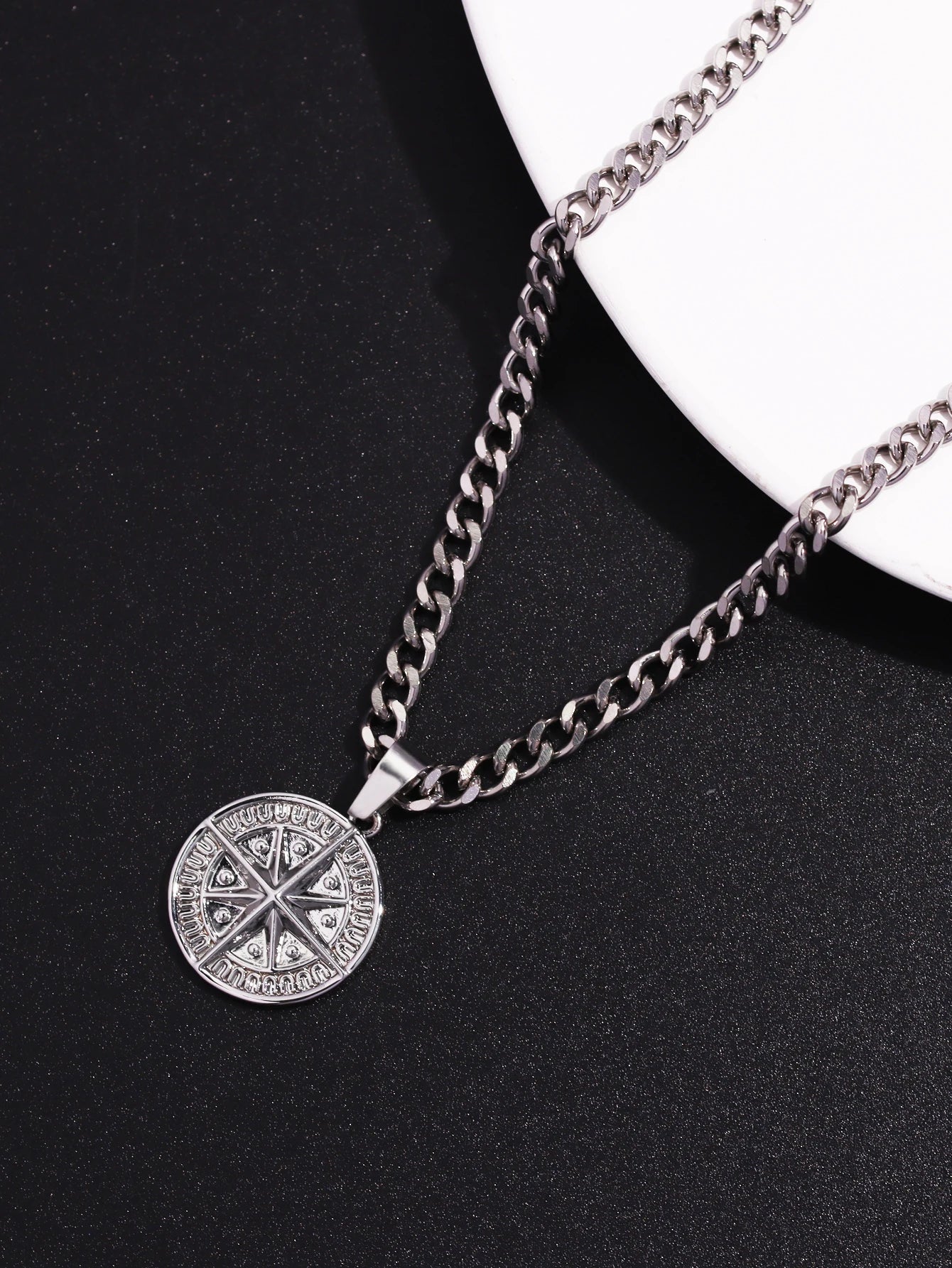 Men's Silver Punk Compass Pendant Necklace – Star Chain Jewelry