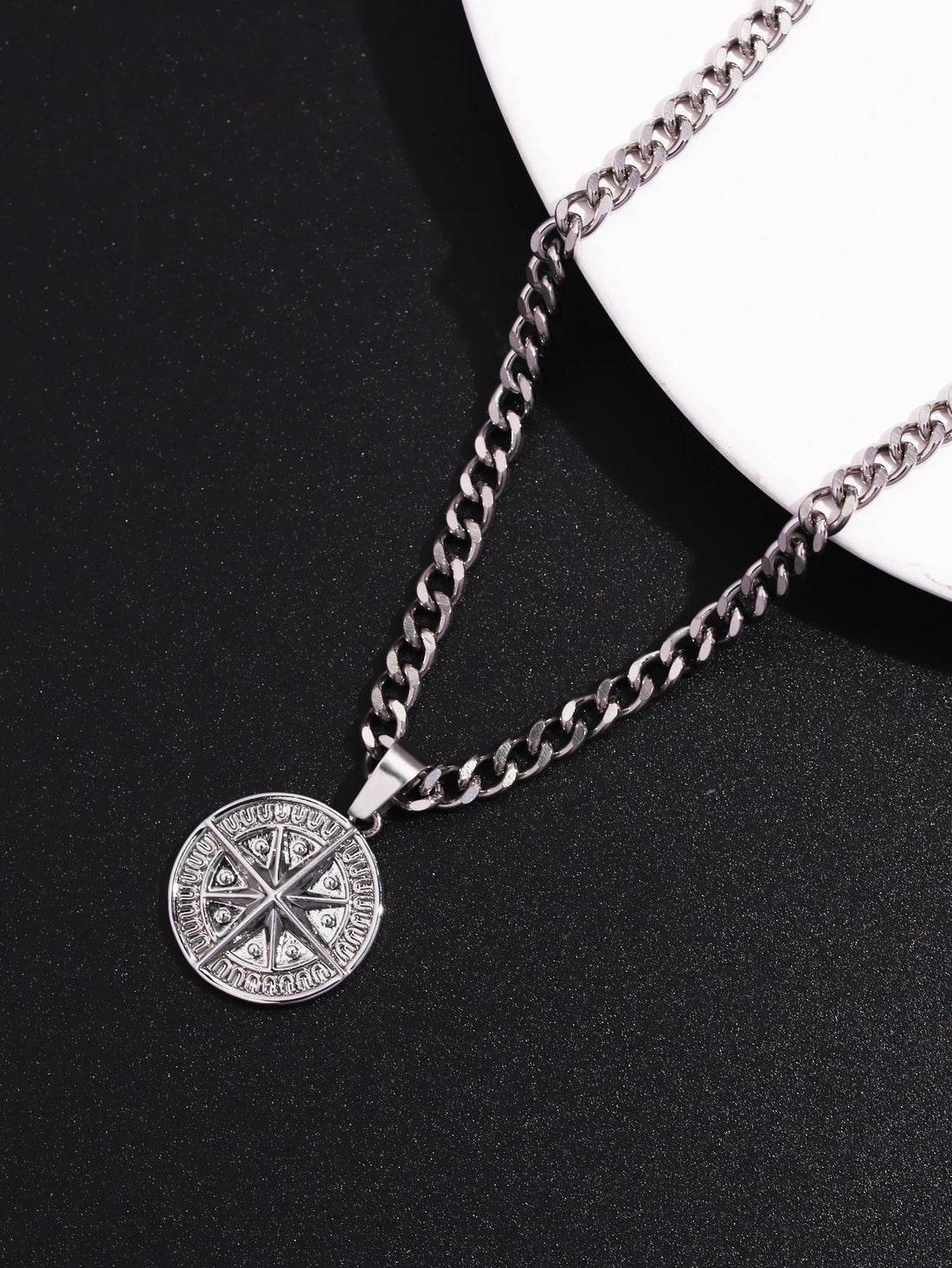 Men's Silver Punk Compass Pendant Necklace – Star Chain Jewelry