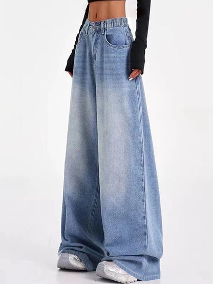 Vintage-washed blue American-style wide-leg straight-leg jeans for tween/teen girls – loose-fit, high-street casual long-length