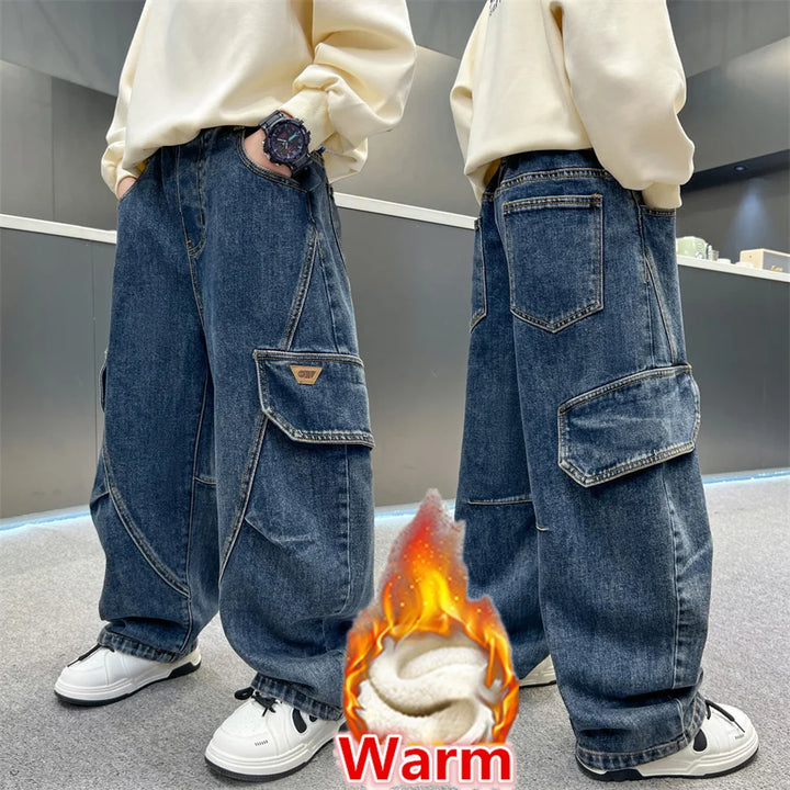 Elegant Children Boy Warm Thermal Cargo Jeans With Pocket Winter Trousers with Fleece Lined Thick Insulated Denim Pants 5-14 Y