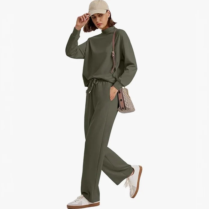2025 Casual Daily Sports Women's Suits Fashionable Solid Color Loose Long-sleeved Sweatshirt With Wide-leg Pants Two-piece Set