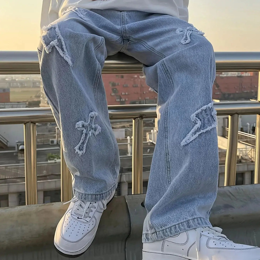 Men's jeans patch lightning jeans men's loose jeans worn-out jeans