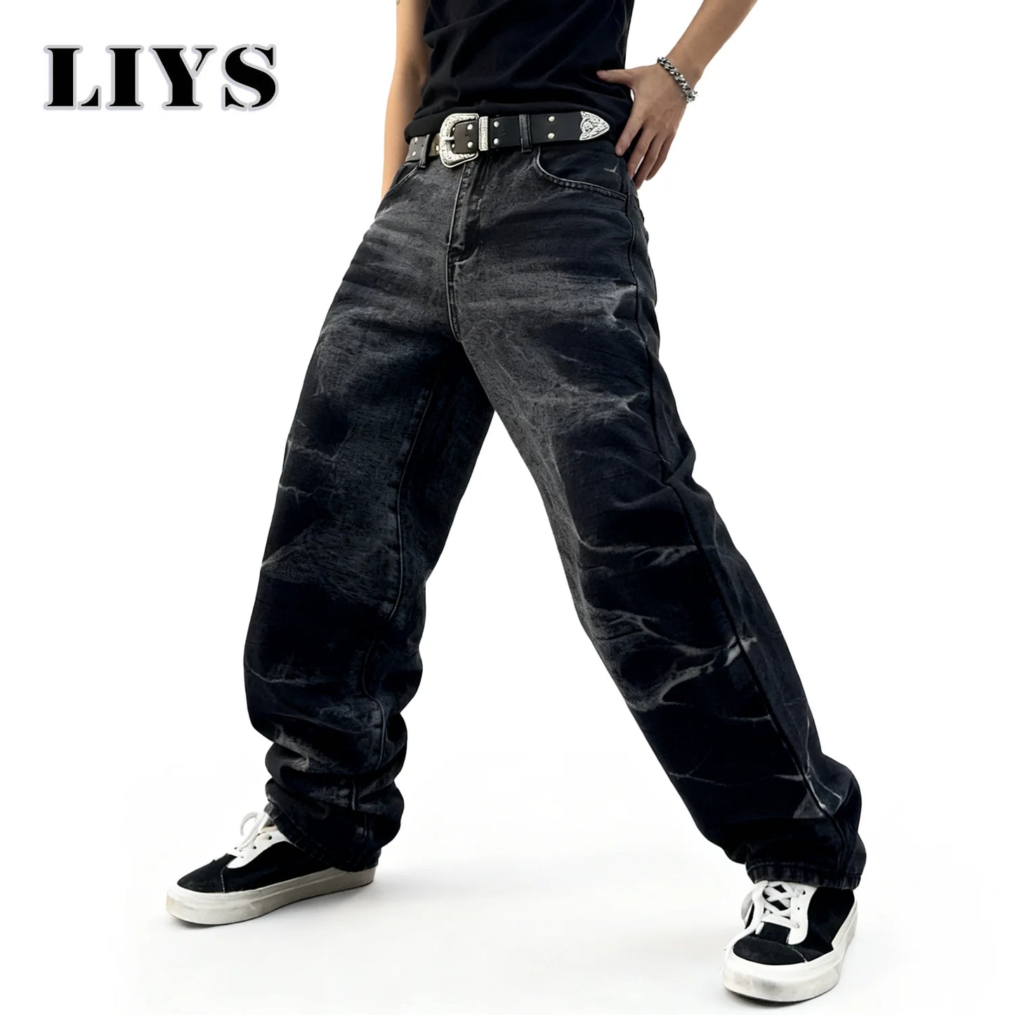 Autumn Men's Black Personalized Straight Leg Retro Jeans American Street Splashed Ink Loose Unisex Denim Pants Trendy Trousers