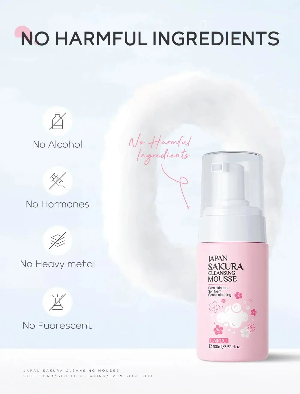 LAIKOU Cherry Blossom Women Facial Cleanser  Face Korean Skin Care Products Original Products 100ml Halalzen