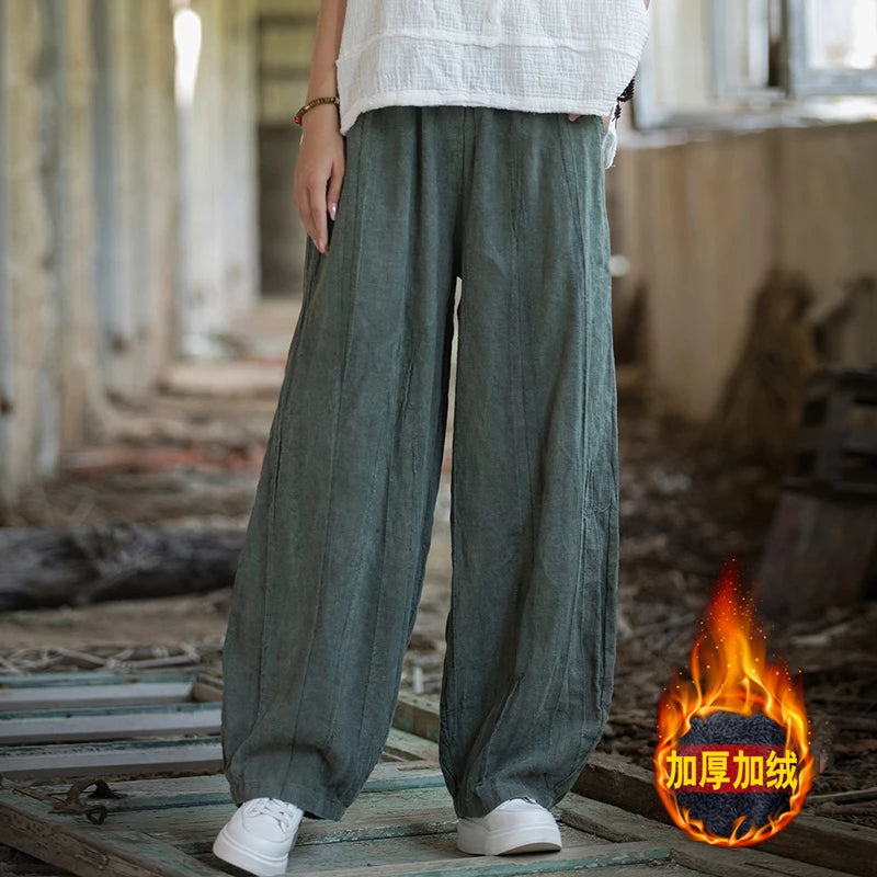 Elegant Women's Cotton Linen Baggy Cargo Pants Vintage Elastic Waist Yoga Trousers Loose Casual Long Wide Leg Oversize Clothes