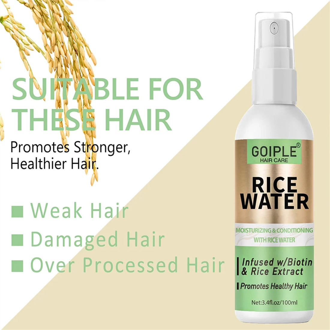 GOIPLE 100ml Rice Water Repair Dry Frizzy Damaged Refreshing Balance Scalp Nourish Roots Smooth Anti-loss Hair Growth Spray