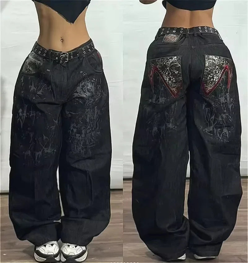 American Street Trend Letter Embroidered Loose Jeans Men Harajuku Y2K New Hip Hop Oversized Wide-leg Pants Unisex Mopping Jeans HALALZEN