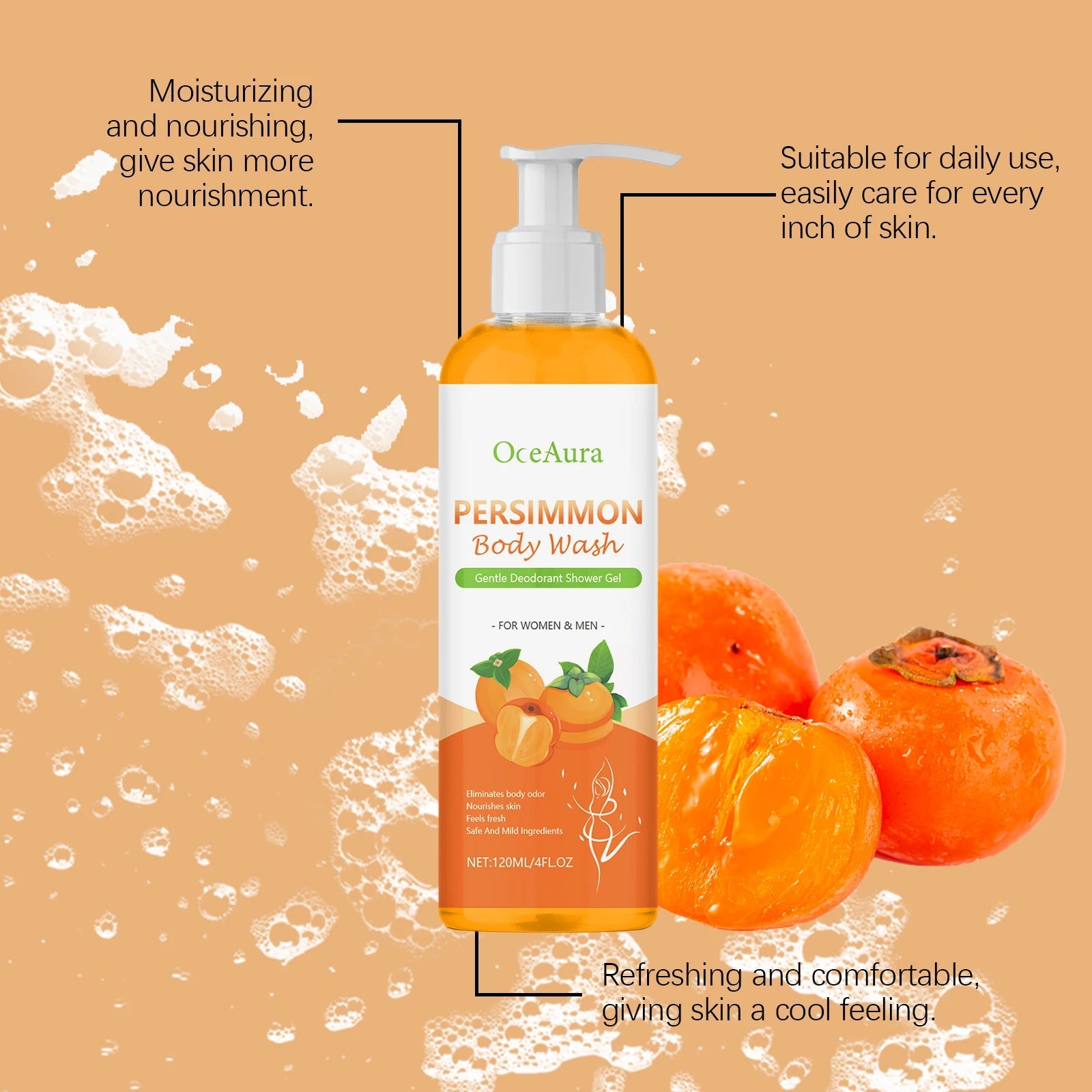 Persimmon Body Wash for Body Odor Control & Deep Clean - Deodorizing, Exfoliating, Moisturizing Shower Gel, Repairs Skin Barrier Halalzen