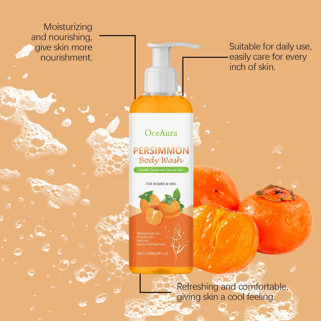 Persimmon Body Wash for Body Odor Control & Deep Clean - Deodorizing, Exfoliating, Moisturizing Shower Gel, Repairs Skin Barrier Halalzen