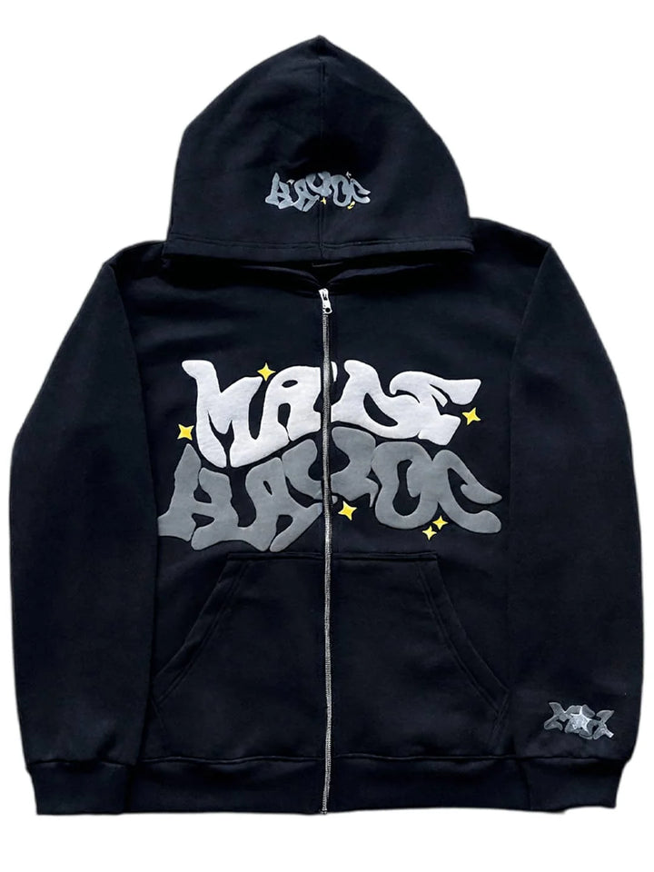 Men's Full Zip Y2K Hoodie Graphic Lettter Print Long Sleeve Fashion Jacket Hooded Sweatshirt