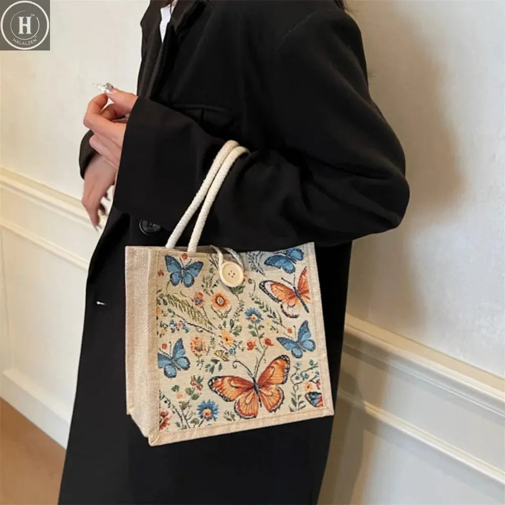 Fashion Linen Handbag Butterfly Printed Canvas Bag Casual Women Recycle Tote Portable Shopping Bag Student Lunch Food Bento Bag HALALZEN