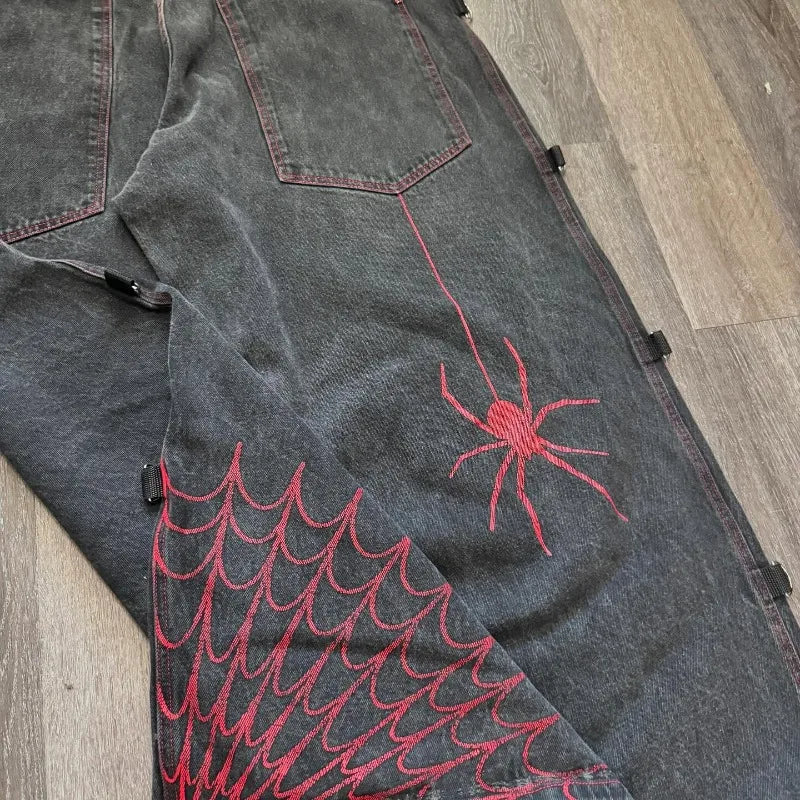 Y2K Vintage Jeans Harajuku Spider Web Printing Black Loose Wide Leg pants Hip Hop Men Women Punk Rock Streetwear Wide Leg Jeans
