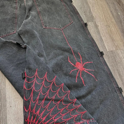 Y2K Vintage Jeans Harajuku Spider Web Printing Black Loose Wide Leg pants Hip Hop Men Women Punk Rock Streetwear Wide Leg Jeans