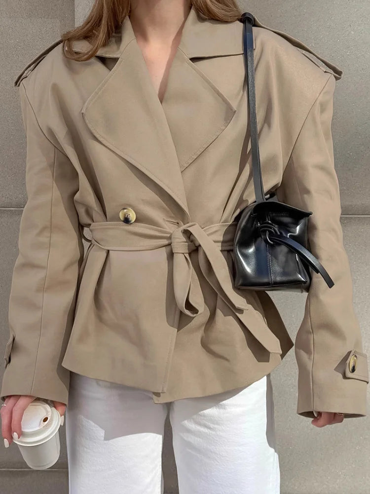 Vintage Solid Slim Women's Windbreaker Turn-down Collar Long Sleeve Lace Up Waist Cinching Jackets New Chic Lady Locomotive Tops