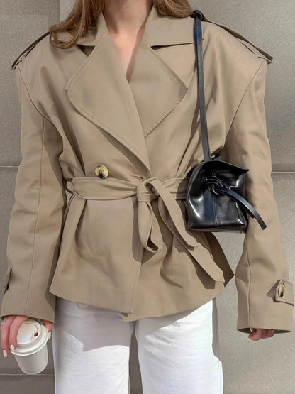 Vintage Solid Slim Women's Windbreaker Turn-down Collar Long Sleeve Lace Up Waist Cinching Jackets New Chic Lady Locomotive Tops