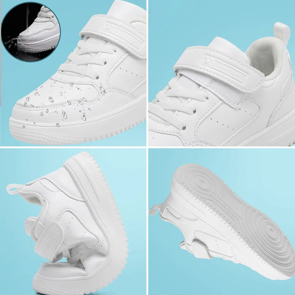 Boys Shoes Sneakers Leather Children Comfortable Flat Shoes Black White Shoes for Kids Girls School Walking Footwear Non Slip