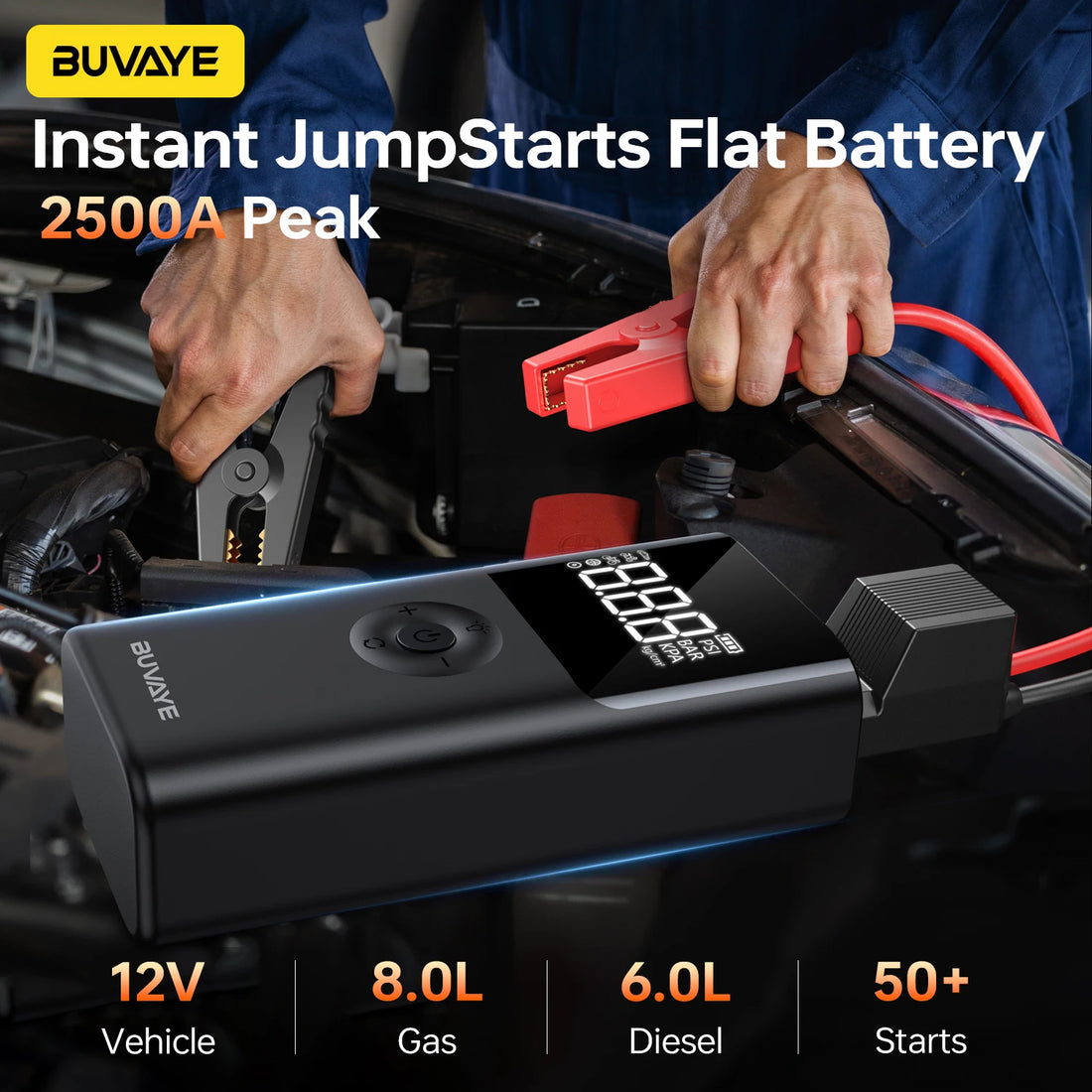 BUVAYE 4 In 1 2500A Portable Jump Starter Power Bank 150PSI Air Pump Booster Car Battery 12V Car Battery Starter Powerbank