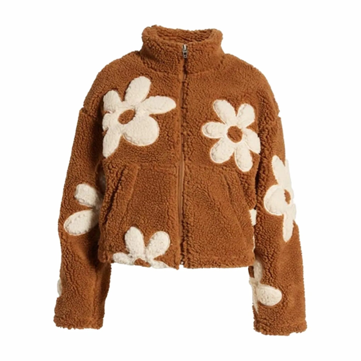 Womens Floral Fleece Jackets Winter Zipper Cropped Coat Casual Long Sleeve Outwear With Pockets Cute Plush Jacket For Women