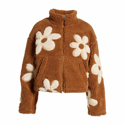 Womens Floral Fleece Jackets Winter Zipper Cropped Coat Casual Long Sleeve Outwear With Pockets Cute Plush Jacket For Women