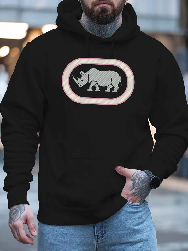 Men'S Casual Rhino Print Hoodie, Winter Long Sleeve Sweatshirt, Regular Fit with Slight Stretch, Trendy American Style Top