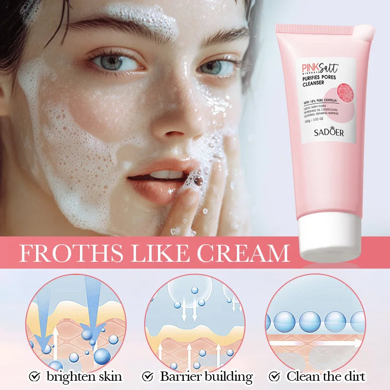 SADOER Himalayan Pink Salt Facial Cleanser Deep Cleansing Moisturizing Face Wash Foam Cleanser Face Cleansing Skin Care Halalzen