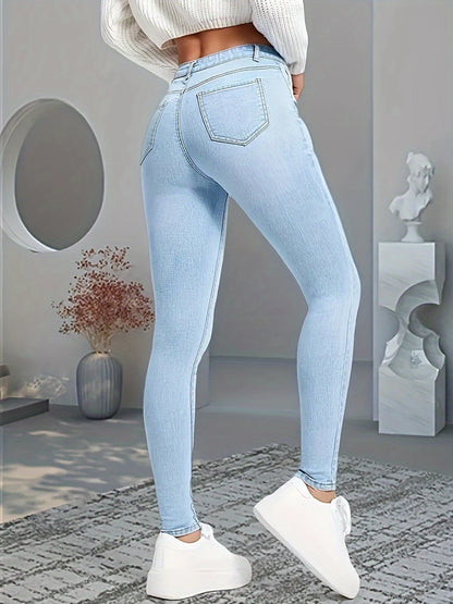 Women's High Waisted Elastic Slim Fit Jeans Slanted Pockets Washed Blue High-Quality Comfortable Fit Suitable for Daily Wea
