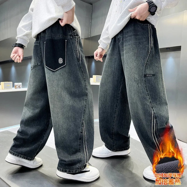 Boys Winter Warm Jeans New Style Teenage Children Trendy Brand Straight Leg Fleece Denim Pants Kids Loose Trousers