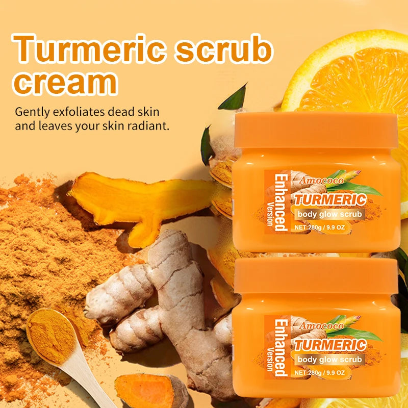 Amococo 2Pcs Turmeric Body Scrub Exfoliating Dead Skin Remover 280g Deep Cleansing Nourishing Smooth Skin