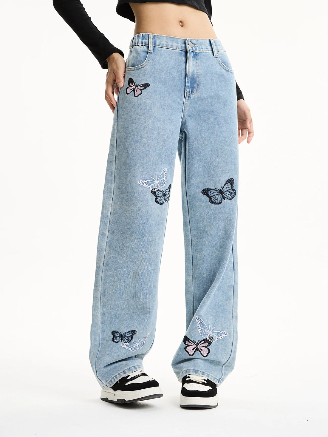 Medium and large girls teenager butterfly print loose wide-leg straight pants casual long versatile jeans