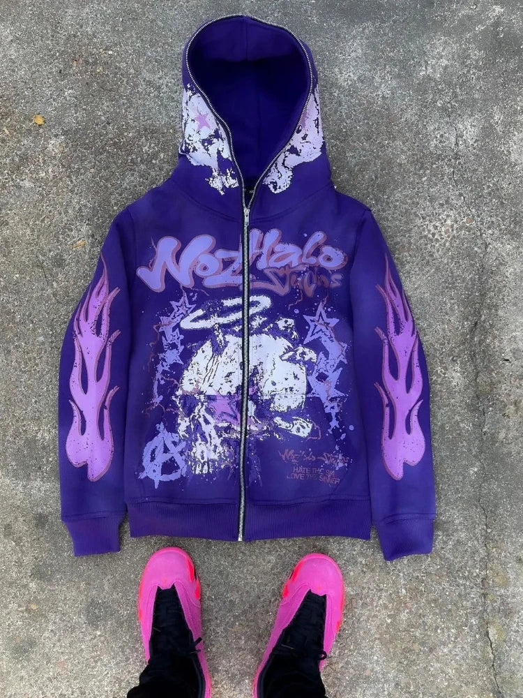 American retro Harajuku street dark hip-hop high street cartoon print zipper hoodie loose hoodie street trendsetters loose trend HALALZEN