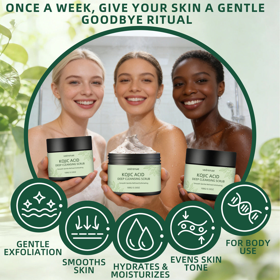 Veerenae KOJIC ACID DEEP CLEANSING SCRUB – Gentle Face & Body Exfoliator for Women & Men | Daily Use for Smooth, Radiant Skin