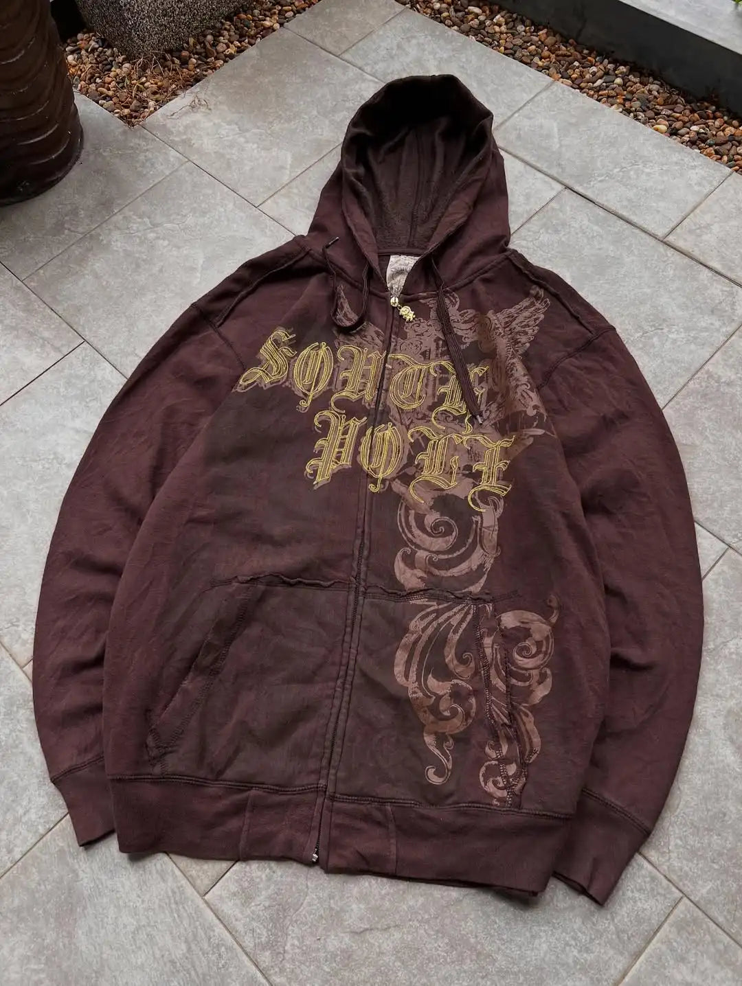 Y2k Zipper Hoodie Letter Pattern Gothic Punk Sportswear Brown Hoodie Sportswear Hoodie Long Sleeve Super Large Hoodie Jacket