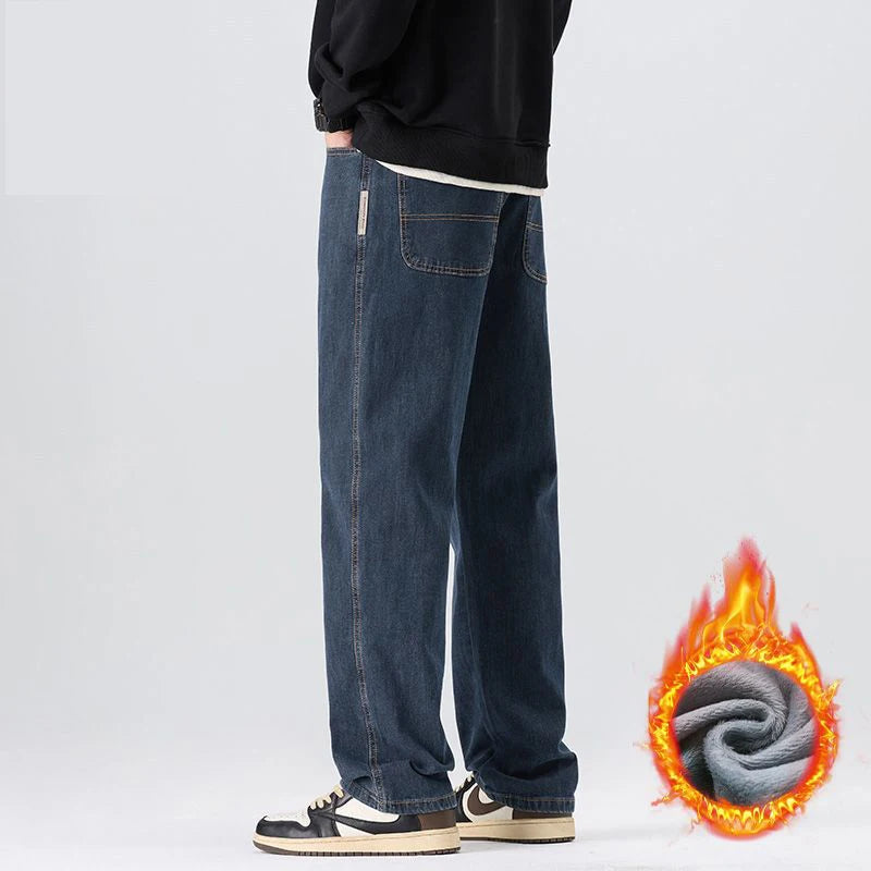 High Quality Winter Warm Fleece Thermal Men's Jeans Loose Straight Cotton Casual Wide-leg Business Trousers Man Plus Szie 40 42 HALALZEN